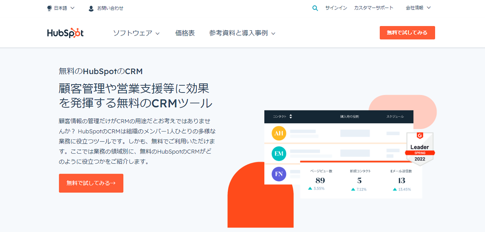 Hub spot CRMのwebサイト